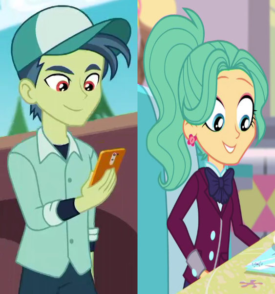 Size: 610x650 | Tagged: safe, derpibooru import, edit, edited screencap, screencap, garden grove, mile hill, equestria girls, equestria girls series, festival filters, five stars, spoiler:eqg series (season 2), background human, clothes, crack shipping, cropped, crystal prep academy uniform, ear piercing, earring, female, g4, image, jewelry, male, mobile phone, phone, piercing, png, school uniform, ship:gardenhill, shipping, shipping domino, smartphone, straight, sweet snacks cafe