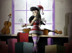 Size: 3159x2363 | Tagged: artist needed, safe, derpibooru import, octavia melody, human, art pack:my little sweetheart, cello, christmas, clothes, costume, ear piercing, earring, eyeshadow, hat, holiday, humanized, image, jewelry, jpeg, makeup, musical instrument, piercing, present, santa costume, santa hat, violin, wrapping paper