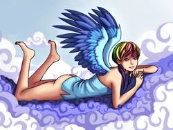 Size: 3300x2480 | Tagged: safe, derpibooru import, rainbow dash, human, art pack:my little sweetheart, cloud, g4, humanized, image, jpeg, legs in air, lying down, multicolored hair, rainbow hair, wings, wings on human