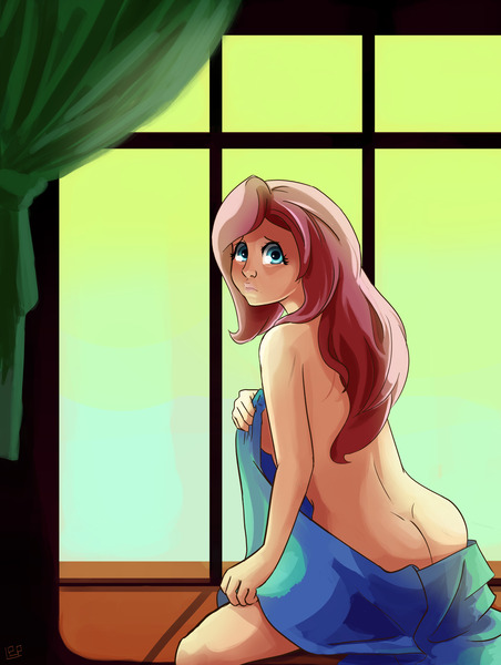 Size: 2484x3300 | Tagged: artist needed, suggestive, derpibooru import, fluttershy, human, art pack:my little sweetheart, curtains, g4, humanized, image, jpeg, looking at you, nudity, partial nudity, signature, towel, window