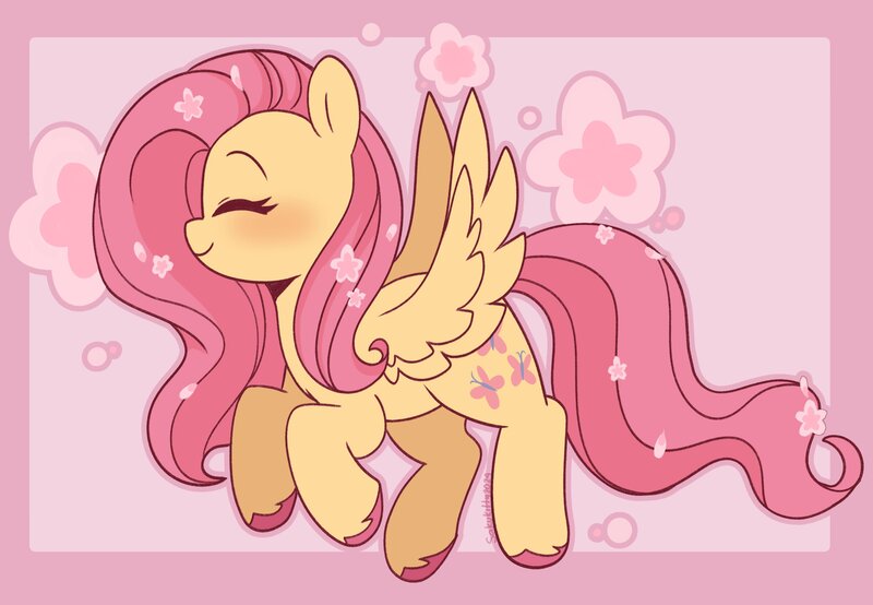 Size: 3440x2383 | Tagged: safe, artist:sakukitty, derpibooru import, fluttershy, pegasus, pony, g4, cherry blossoms, cute, female, flower, flower blossom, flowing tail, happy, image, jpeg, mare, pink background, pink mane, shyabetes, simple background, spread wings, tail, trotting, unshorn fetlocks, wings, yellow coat