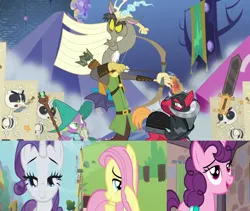 Size: 1280x1080 | Tagged: safe, derpibooru import, edit, edited screencap, screencap, big macintosh, discord, fluttershy, rarity, spike, sugar belle, draconequus, dragon, earth pony, pegasus, skeleton pony, unicorn, dungeons and discords, hard to say anything, she talks to angel, the ticket master, arrow, beard, bedroom eyes, bone, bow (weapon), bow and arrow, captain wuzz, cutout, discoshy, facial hair, female, g4, garbuncle, hat, helmet, horn, image, imported from derpibooru, magic staff, male, png, race swap, shipping, sir mcbiggen, skeleton, sparity, straight, sugarmac, sword, unicorn big mac, weapon, wizard hat