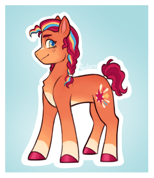 Size: 760x876 | Tagged: safe, artist:faielyn, derpibooru import, sunny starscout, earth pony, pony, g5, alternate design, blue background, bow, braid, braided ponytail, chest fluff, female, hair bow, image, looking at you, mane stripe sunny, mare, multicolored mane, orange coat, outline, png, ponytail, redesign, signature, simple background, tail, tail hole, unshorn fetlocks, white outline