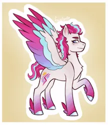 Size: 784x908 | Tagged: safe, artist:faielyn, derpibooru import, pegasus, pony, g5, alternate design, alternate hairstyle, colored wings, female, image, jpeg, mare, outline, raised leg, redesign, signature, simple background, spread wings, tail, two toned mane, two toned tail, two toned wings, white coat, white outline, wings, yellow background