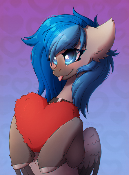 Size: 2226x3000 | Tagged: safe, artist:viryav, derpibooru import, oc, unofficial characters only, pegasus, pony, blushing, collar, cute, female, fluffy, heart, image, mare, png, simple background, smiling, solo, tongue out