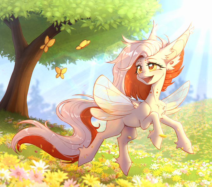 Size: 3000x2652 | Tagged: safe, artist:viryav, derpibooru import, sunburst, oc, unofficial characters only, butterfly, insect, pegasus, pony, complex background, day, ear piercing, field, flower, flower field, forest, image, leaves, light, nature, piercing, png, smiling, solo, sparkly eyes, sun, tree, wingding eyes, wood