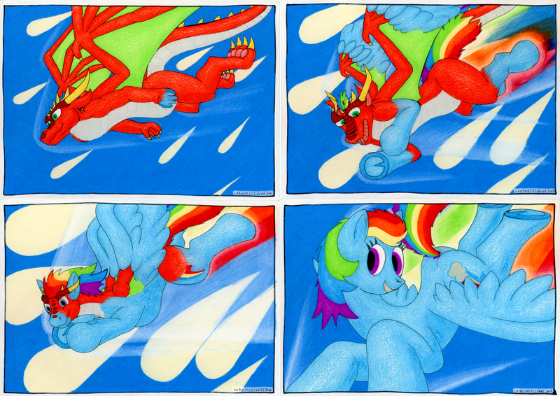 Size: 2283x1614 | Tagged: safe, artist:ladone-delle-lumiere, derpibooru import, rainbow dash, oc, dragon, pegasus, pony, female, flying, furry to pony, image, mare, non-mlp oc, png, traditional art, transformation, transformation sequence