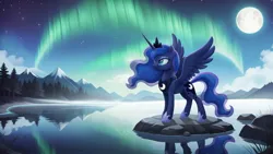 Size: 2560x1440 | Tagged: safe, ai content, derpibooru import, machine learning generated, stable diffusion, princess luna, alicorn, pony, aurora borealis, concave belly, female, full moon, g4, generator:pony diffusion v6 xl, image, jpeg, lake, looking sideways, mare, moon, mountain, prompter:siber, reflection, solo, spread wings, standing, starry night, wallpaper, water, wings