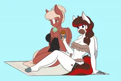 Size: 2048x1365 | Tagged: safe, artist:mscolorsplash, derpibooru import, oc, unofficial characters only, anthro, pegasus, plantigrade anthro, beach towel, belly button, big breasts, bikini, blaze (coat marking), breasts, cleavage, clothes, coat markings, curvy, duo, duo female, facial markings, female, food, frilled swimsuit, ice cream, ice cream cone, image, jpeg, licking, light blue background, mealy mouth (coat marking), one-piece swimsuit, simple background, sitting, smiling, swimsuit, tongue out, towel
