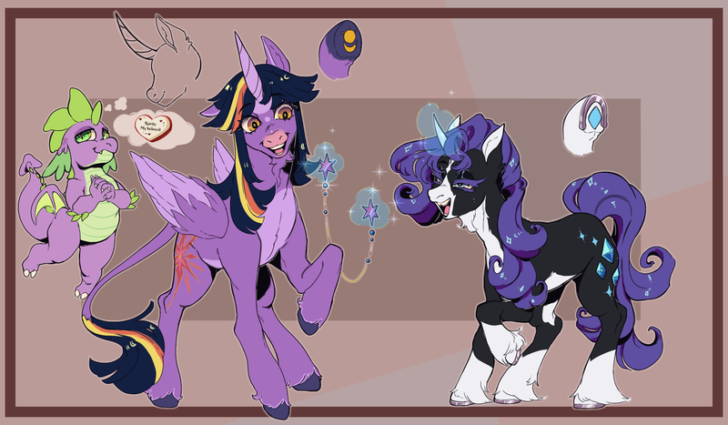Size: 2300x1344 | Tagged: safe, alternate version, artist:marzi-panic, derpibooru import, rarity, spike, twilight sparkle, twilight sparkle (alicorn), alicorn, classical unicorn, dragon, pony, unicorn, alternate design, border, brown background, cloven hooves, coat markings, facial hair, female, goatee, heart, horn, horseshoes, image, implied shipping, implied sparity, implied straight, leonine tail, levitation, magic, mare, pale belly, passepartout, png, simple background, socks (coat marking), tail, telekinesis, thought bubble, trio, underhoof, unshorn fetlocks, winged spike, wings