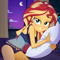Size: 1024x1024 | Tagged: suggestive, ai content, derpibooru import, machine learning generated, sunset shimmer, equestria girls, bed, bedroom eyes, belly button, g4, image, jpeg, looking at you, negligee, night, pillow, sleeping, smiling, smiling at you