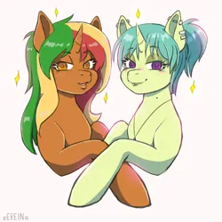 Size: 2000x2000 | Tagged: safe, artist:erein, derpibooru import, oc, oc:buttercake pie, oc:drawing unique, pony, unicorn, blushing, brown fur, colored, cute, duo, duo female, ear piercing, earring, ears up, female, flat colors, freckles, high res, horn, image, jewelry, jpeg, lidded eyes, looking at you, mole, multicolored hair, open mouth, orange eyes, piercing, ponytail, simple background, sketch, smiling, smiling at you, stars, unicorn oc, white background