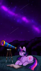 Size: 2068x3564 | Tagged: safe, artist:mscreepyplaguedoctor, derpibooru import, twilight sparkle, pony, unicorn, book, crossed hooves, female, g4, high res, image, looking up, lying down, mare, night, night sky, png, prone, sky, solo, telescope, unicorn twilight