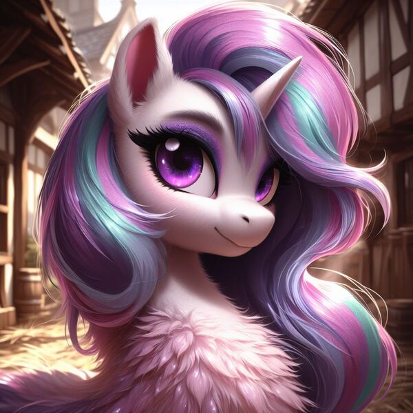 Size: 1024x1024 | Tagged: safe, ai content, machine learning generated, ponerpics import, ponybooru import, oc, unofficial characters only, pony, unicorn, bing, chest fluff, eyeshadow, female, fluffy, image, impossibly large chest fluff, jpeg, looking at you, makeup, mare, solo