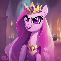 Size: 1024x1024 | Tagged: safe, ai content, derpibooru import, generator:deviantart dreamup, generator:dreamup, machine learning assisted, machine learning generated, prompter:earwaxkid, princess cadance, alicorn, pony, candle, castle, chapel, clothes, crown, dress, image, jewelry, jpeg, mane, peytral, queen cadance, regalia, slit pupils, solo, stained glass, tiara, veil, wedding veil