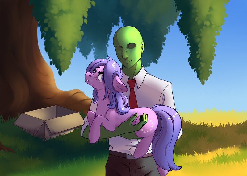 Size: 2800x2000 | Tagged: safe, artist:28gooddays, derpibooru import, oc, oc:anon, unofficial characters only, earth pony, human, pony, box, cute, duo, female, floppy ears, grin, holding a pony, image, jpeg, male, mare, smiling, tree