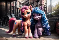 Size: 1216x832 | Tagged: safe, ai content, derpibooru import, machine learning generated, prompter:kluknawa235, stable diffusion, izzy moonbow, sunny starscout, earth pony, unicorn, g5, chest fluff, city, duo, ear fluff, generator:pony diffusion v6 xl, horn, image, jpeg, looking at you, realistic, smiling, town