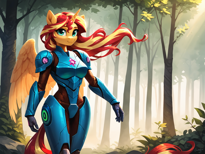 Size: 2048x1536 | Tagged: safe, ai content, derpibooru import, machine learning generated, prompter:demose, stable diffusion, sunset shimmer, alicorn, anthro, alicornified, armor, curvy, forest, generator:pony diffusion v6 xl, image, looking at you, metroid, nature, png, power armor, race swap, shimmercorn, solo, tree