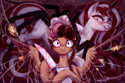 Size: 3000x2000 | Tagged: safe, artist:sparkling_light, derpibooru import, oc, pegasus, pony, spider, unicorn, apron, blood, chef's hat, clothes, hat, horn, image, kitchen knife, long mane, png, spider web, spread wings, tail, wings