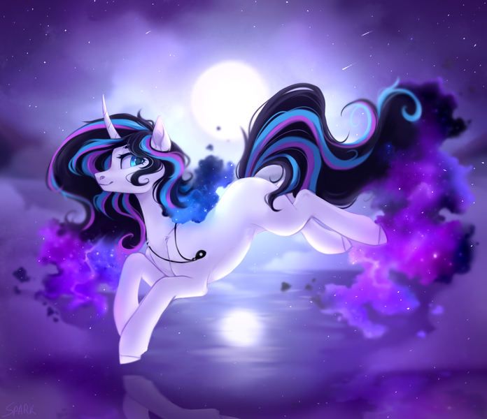 Size: 2416x2084 | Tagged: safe, artist:sparkling_light, derpibooru import, oc, pony, unicorn, female, fog, horn, image, jewelry, lake, moon, night, ocean, pendant, png, solo, water