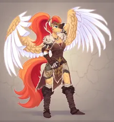 Size: 2068x2208 | Tagged: safe, artist:sparkling_light, derpibooru import, oc, anthro, pegasus, plantigrade anthro, arm wraps, armor, clothes, colored wings, colored wingtips, female, fingerless gloves, gloves, hide armor, image, leather, leather armor, leg wraps, png, scar, smiling, solo, spread wings, wings