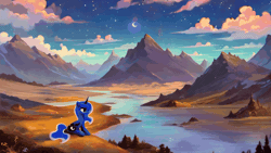 Size: 1024x576 | Tagged: safe, ai content, derpibooru import, machine learning generated, prompter:zzz1247, princess luna, gif, image, moon, mountain, river, scenery, solo, water