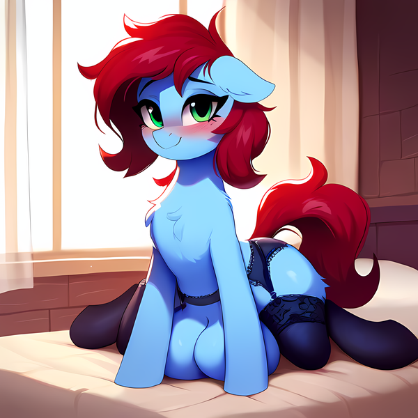 Size: 2560x2560 | Tagged: suggestive, ai content, derpibooru import, machine learning generated, novelai, stable diffusion, oc, oc:brise de l'océan, unofficial characters only, earth pony, pony, adorasexy, bed, black underwear, blushing, clothes, crotchboobs, crotchboobs on floor, cute, earth pony oc, image, lingerie, nudity, on bed, png, prompter:flitter4935, sexy, sitting, sitting on bed, sultry pose, underwear