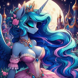 Size: 1024x1024 | Tagged: safe, ai content, derpibooru import, machine learning generated, prompter:glimmy-glam, princess luna, anthro, big breasts, breasts, busty princess luna, castle, cleavage, clothes, corset, crown, dress, eyes closed, flower, flower in hair, g4, generator:dall-e 3, image, jewelry, jpeg, makeup, moon, moonlight, night, profile, regal, regalia, rose, side view, stars