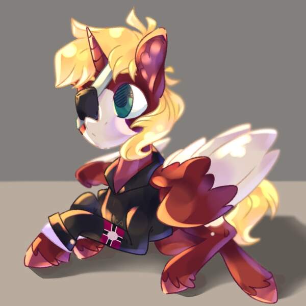 Size: 972x972 | Tagged: safe, artist:kingdom, derpibooru import, oc, unofficial characters only, alicorn, pony, alicorn oc, blonde mane, green eyes, horn, image, jpeg, red coat, solo, wings