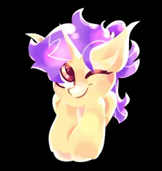 Size: 1020x1080 | Tagged: safe, artist:kingdom, derpibooru import, oc, pony, unicorn, black background, horn, image, jpeg, one eye closed, purple mane, simple background, smiling, solo, unicorn oc, wink, yellow coat