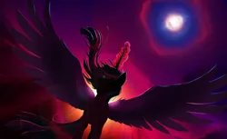 Size: 2354x1444 | Tagged: safe, artist:autumngoddessxiv, derpibooru import, twilight sparkle, twilight sparkle (alicorn), alicorn, pony, angle, backlighting, evil, evil twilight, glow, glowing horn, horn, image, impending eclipse, png, power drunk, solo, spread wings, wings