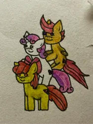 Size: 3024x4032 | Tagged: safe, artist:turboshemp, derpibooru import, apple bloom, scootaloo, sweetie belle, earth pony, pegasus, pony, unicorn, cutie mark crusaders, female, filly, foal, horn, image, jpeg, pony pile, simple background, tower of pony, traditional art, white background