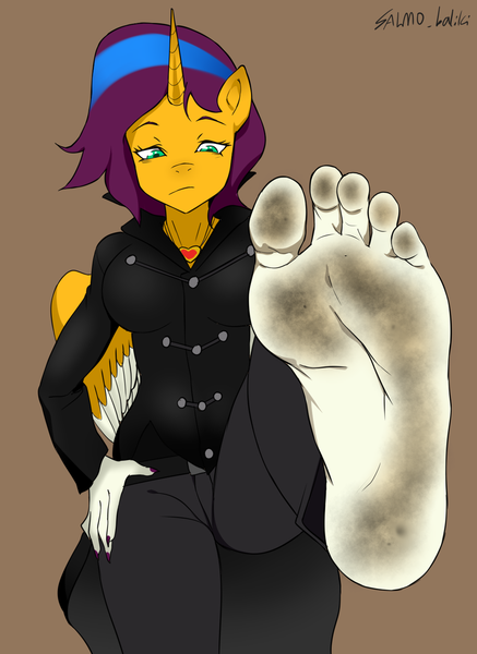 Size: 933x1280 | Tagged: suggestive, artist:salmo_baliki, derpibooru import, oc, oc:fully absorb, alicorn, anthro, plantigrade anthro, pony, alicorn oc, barefoot, clothes, colored wings, commission, dirt, dirty, dirty feet, feet, female, fetish, foot fetish, foot focus, horn, image, mare, png, soles, two toned mane, two toned wings, wings