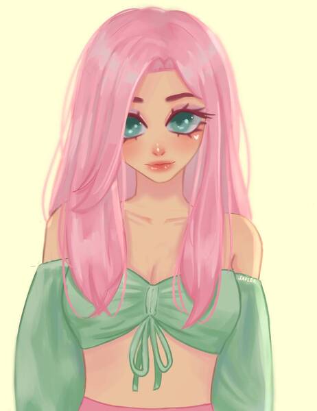 Size: 1000x1300 | Tagged: safe, artist:liahsaflor, derpibooru import, fluttershy, human, alternate hairstyle, blushing, clothes, eyeshadow, female, green background, humanized, image, jpeg, makeup, pants, shirt, simple background, solo