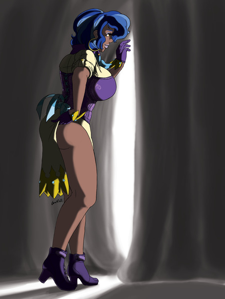 Size: 2536x3375 | Tagged: safe, artist:moronsonofboron, derpibooru import, sapphire shores, human, art pack:my little sweetheart, african american, big breasts, blue hair, breasts, busty sapphire shores, clothes, curtains, dark skin, female, g4, high heels, huge breasts, humanized, image, jpeg, shoes, solo