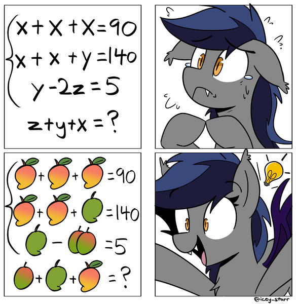 Size: 2594x2664 | Tagged: safe, artist:icey, derpibooru import, oc, oc:echo, unofficial characters only, bat pony, floppy ears, food, g4, hooves together, image, mango, math, png, solo, sweat