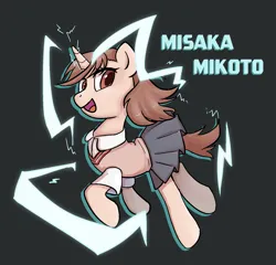 Size: 1695x1629 | Tagged: safe, artist:brella, derpibooru import, ponified, pony, unicorn, a certain scientific railgun, clothes, dark gray background, electricity, female, filly, foal, horn, image, misaka mikoto, open mouth, png, school uniform, simple background, skirt, smiling, solo, teenager, text