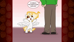 Size: 1898x1080 | Tagged: safe, artist:doublewbrothers, derpibooru import, daybreaker, alicorn, human, pony, series:little breaky, animated, chase, dialogue, duo, female, filly, filly daybreaker, foal, g4, image, male, speech bubble, webm