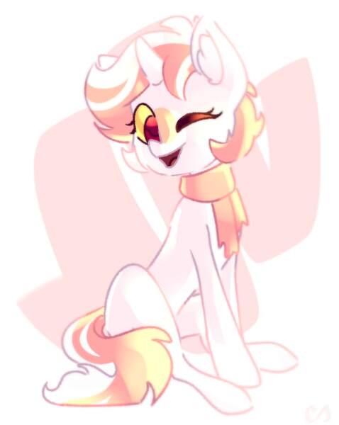 Size: 677x849 | Tagged: safe, artist:kingdom, derpibooru import, oc, unofficial characters only, pony, unicorn, clothes, horn, image, jpeg, one eye closed, open mouth, open smile, pink mane, scarf, smiling, solo, unicorn oc, white coat, wink