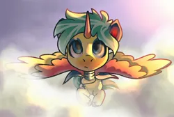 Size: 1484x998 | Tagged: safe, artist:kingdom, derpibooru import, oc, unofficial characters only, alicorn, pony, alicorn oc, cloud, flying, horn, image, jpeg, outdoors, solo, wings, yellow coat