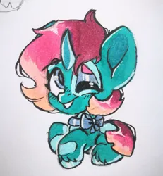 Size: 997x1080 | Tagged: safe, artist:kingdom, derpibooru import, oc, unofficial characters only, pony, unicorn, chibi, horn, image, jpeg, one eye closed, smiling, solo, traditional art, unicorn oc, wink
