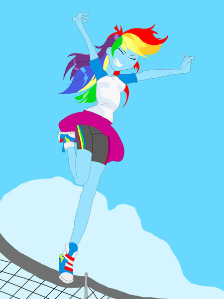 Size: 1024x1366 | Tagged: safe, artist:mlpfan1993, derpibooru import, rainbow dash, human, equestria girls, blue sky, clothes, cute, dashabetes, eyes closed, female, g4, grin, image, jpeg, march radness, net, shoes, skirt, smiling, sneakers, solo, solo female