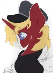 Size: 966x1317 | Tagged: safe, artist:kingdom, derpibooru import, oc, unofficial characters only, pony, unicorn, blonde mane, hat, horn, image, jpeg, red coat, solo, unicorn oc