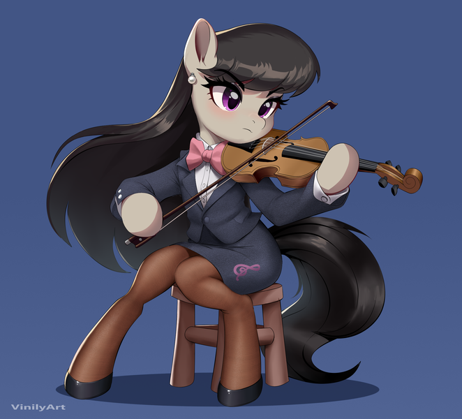Size: 2032x1842 | Tagged: safe, artist:vinilyart, derpibooru import, octavia melody, earth pony, pony, semi-anthro, bow (instrument), bowtie, clothes, ear piercing, earring, eyebrows, eyebrows visible through hair, female, g4, image, jewelry, mare, musical instrument, piercing, png, sitting, skirt, socks, solo, stockings, stool, suit, thigh highs, violin