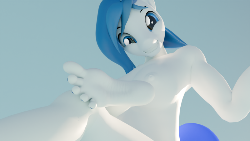 Size: 1920x1080 | Tagged: questionable, artist:lwhitty19, derpibooru import, oc, oc:jc, unofficial characters only, anthro, earth pony, plantigrade anthro, 3d, anthro oc, barefoot, blender, blue background, earth pony oc, feet, fetish, foot fetish, foot focus, image, looking at you, png, simple background, smiling, smiling at you, solo