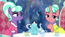 Size: 1280x720 | Tagged: safe, derpibooru import, edit, edited screencap, screencap, stepford ponies, pony, unicorn, what lies beneath, clothes, cup, dress, duo, female, horn, image, jewelry, jpeg, mare, necklace, nightmare cave, pearl necklace, smiling, table, tea party, teapot