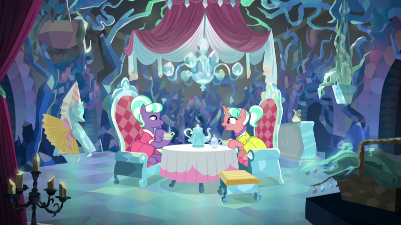 Size: 1280x720 | Tagged: safe, derpibooru import, edit, edited screencap, screencap, stepford ponies, earth pony, pony, unicorn, what lies beneath, candle, chair, clothes, cup, dress, duo, female, horn, image, jewelry, looking at each other, looking at someone, mare, necklace, pearl necklace, png, smiling, smiling at each other, table, tea party, teacup, teapot