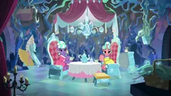 Size: 1280x720 | Tagged: safe, derpibooru import, edit, edited screencap, screencap, stepford ponies, earth pony, pony, unicorn, what lies beneath, chair, clothes, cup, dress, fancy dress, female, hooves together, horn, image, jewelry, lidded eyes, mare, necklace, pearl necklace, png, sitting, sitting together, smiling, table, tea party, teacup, teapot