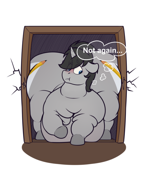 Size: 3600x4200 | Tagged: suggestive, artist:owloffortune, derpibooru import, oc, oc:greyline, pony, unicorn, commission, dialogue, doorway, fat, fat fetish, fetish, horn, image, large butt, png, solo, stuck, ych result