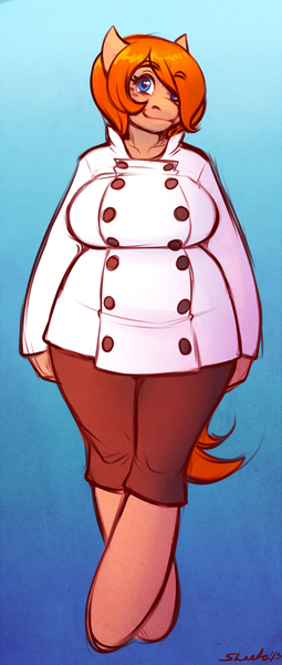 Size: 1020x2399 | Tagged: safe, artist:sheela, oc, oc:butternut, unofficial characters only, anthro, earth pony, unguligrade anthro, big breasts, breasts, chef outfit, clothes, eyebrows visible through hair, female, freckles, gradient background, huge breasts, image, impossibly large breasts, jpeg, looking at you, rule 63, smiling, solo